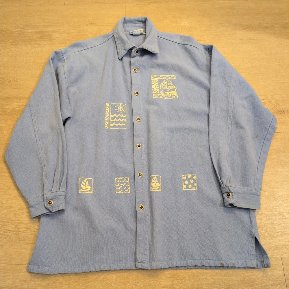 VTG by TAYLOR Blue Nautical Sailboat Print Button Down Women Medium Shirt
